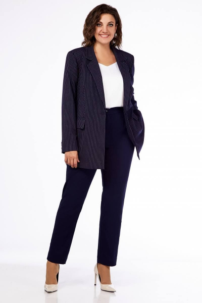 Деловой костюм из текстиля в светлую полоску для size+ Ольга Стиль С-819 синий_полоска - фото 2