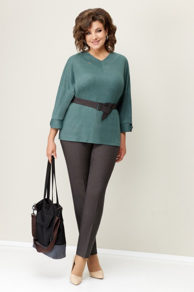 На каждый день джемпер и брюки с резинками из текстиля VOLNA 1307 мятный/коричневый - фото 1