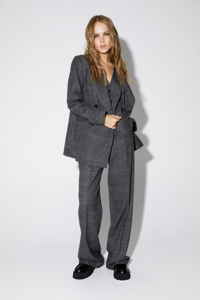 Двубортный жакет прямого силуэта из клетчатой ткани PiRS 4759 серая клетка - фото 1