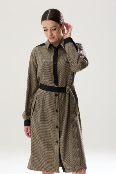 Свободное платье-халат из текстиля с контрастными планками Ларс Стиль 836 черно-бежевый_принт - фото 1