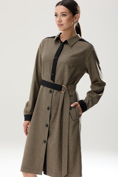 Свободное платье-халат из текстиля с контрастными планками Ларс Стиль 836 черно-бежевый_принт - фото 2