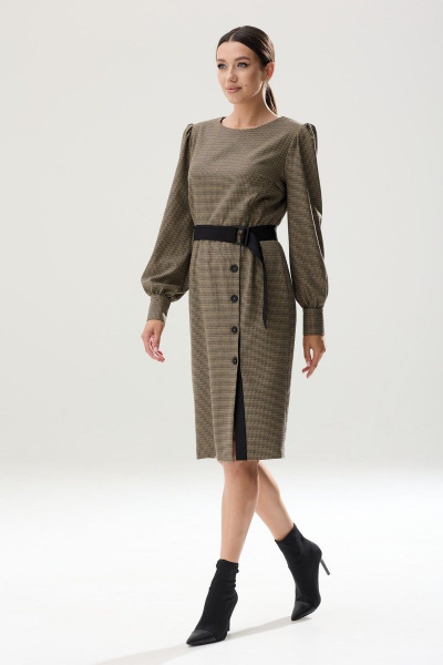 Платье с вставками и съемным поясом из текстиля Ларс Стиль 837 черно-бежевый_принт - фото 1