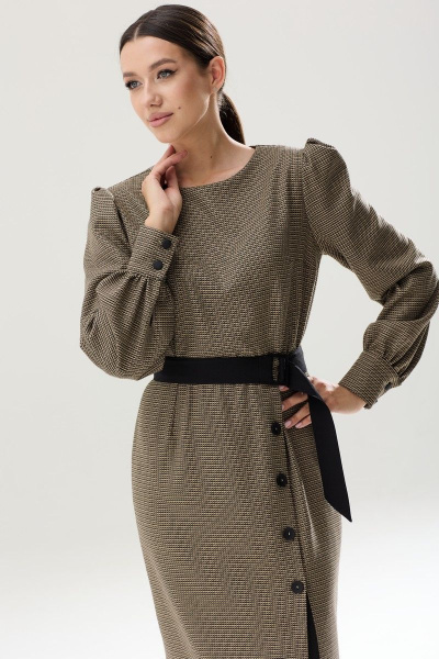 Платье с вставками и съемным поясом из текстиля Ларс Стиль 837 черно-бежевый_принт - фото 3