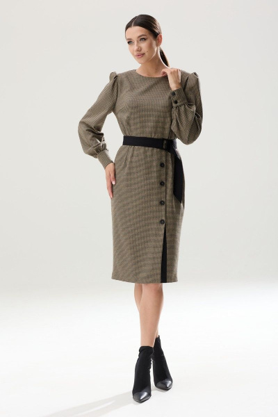 Платье с вставками и съемным поясом из текстиля Ларс Стиль 837 черно-бежевый_принт - фото 2