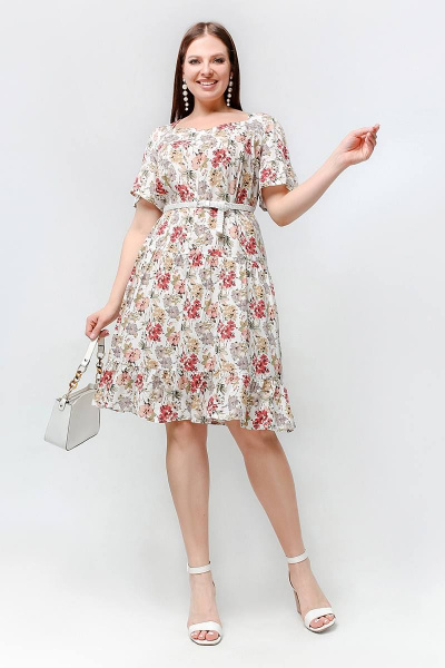 Платье трапеции с фигурным вырезом и воланами из штапельной ткани La rouge 5429 белый-(цветы) - фото 2
