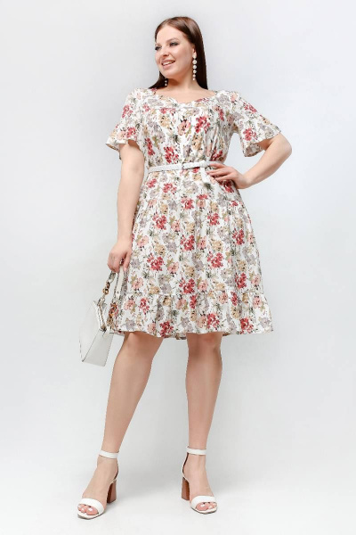 Платье трапеции с фигурным вырезом и воланами из штапельной ткани La rouge 5429 белый-(цветы) - фото 1