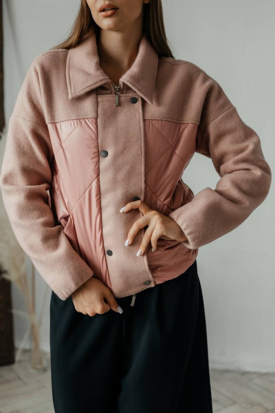 Розовая бомбер-куртка из комбинированных тканей Стильная леди М-669 пудра - фото 6