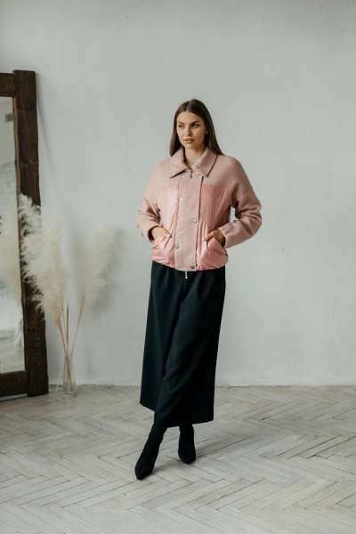 Розовая бомбер-куртка из комбинированных тканей Стильная леди М-669 пудра - фото 8