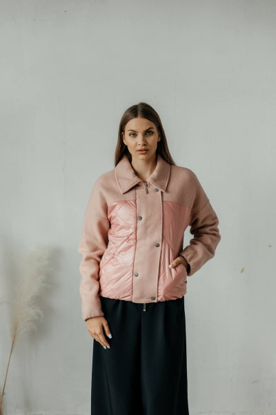 Розовая бомбер-куртка из комбинированных тканей Стильная леди М-669 пудра - фото 1