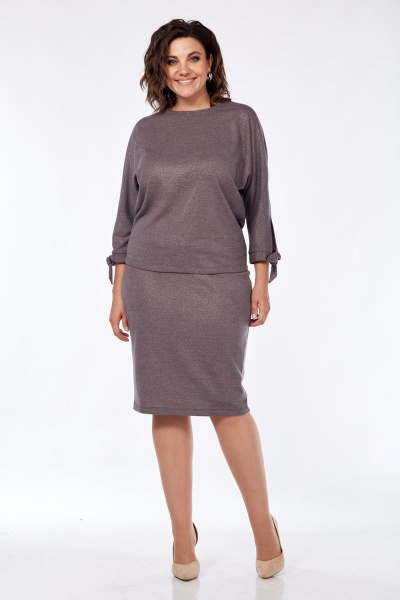 Розовый трикотажный костюм с юбкой за колено и манжетами Диомант 1920 капучино - фото 2