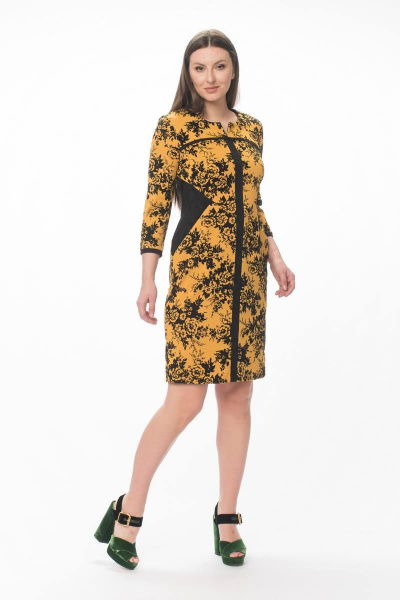 Полуприлегающее платье из вискозы с вставками из замши Stilville 1594 горчица - фото 6