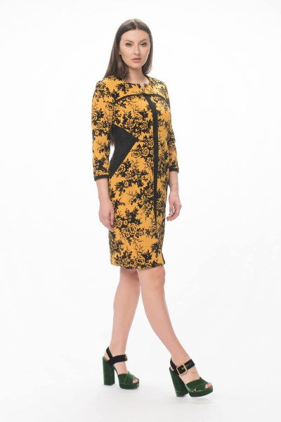 Полуприлегающее платье из вискозы с вставками из замши Stilville 1594 горчица - фото 5