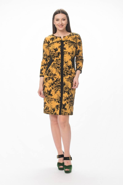 Полуприлегающее платье из вискозы с вставками из замши Stilville 1594 горчица - фото 3
