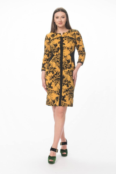 Полуприлегающее платье из вискозы с вставками из замши Stilville 1594 горчица - фото 2