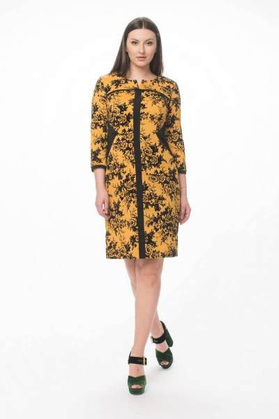 Полуприлегающее платье из вискозы с вставками из замши Stilville 1594 горчица - фото 1