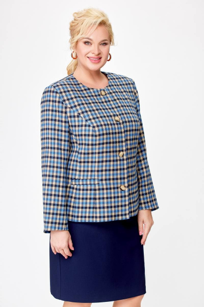 Комплект жакет и юбка в деловом стиле из текстиля Swallow 687 бежево-голубая_клетка+синий - фото 8