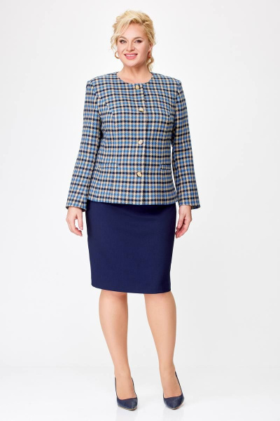 Комплект жакет и юбка в деловом стиле из текстиля Swallow 687 бежево-голубая_клетка+синий - фото 2