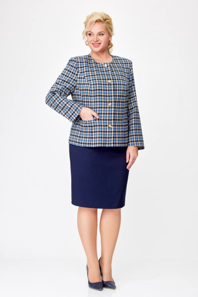 Комплект жакет и юбка в деловом стиле из текстиля Swallow 687 бежево-голубая_клетка+синий - фото 4