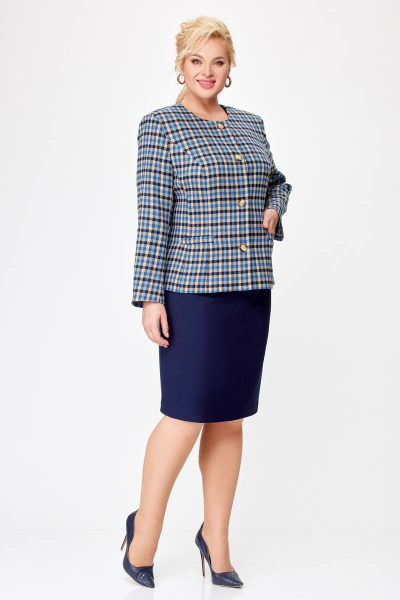 Комплект жакет и юбка в деловом стиле из текстиля Swallow 687 бежево-голубая_клетка+синий - фото 5