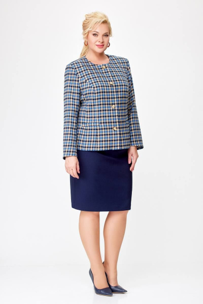 Комплект жакет и юбка в деловом стиле из текстиля Swallow 687 бежево-голубая_клетка+синий - фото 3