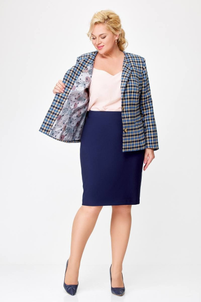 Комплект жакет и юбка в деловом стиле из текстиля Swallow 687 бежево-голубая_клетка+синий - фото 14