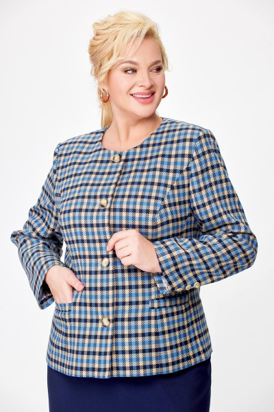 Комплект жакет и юбка в деловом стиле из текстиля Swallow 687 бежево-голубая_клетка+синий - фото 10