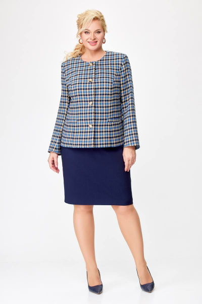 Комплект жакет и юбка в деловом стиле из текстиля Swallow 687 бежево-голубая_клетка+синий - фото 1