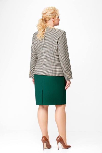 Деловой комплект жакет и юбка с рельефами и прорезными карманами Swallow 689 бежево-зелёная_клетка+зелёный - фото 6