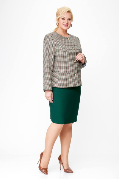 Деловой комплект жакет и юбка с рельефами и прорезными карманами Swallow 689 бежево-зелёная_клетка+зелёный - фото 2