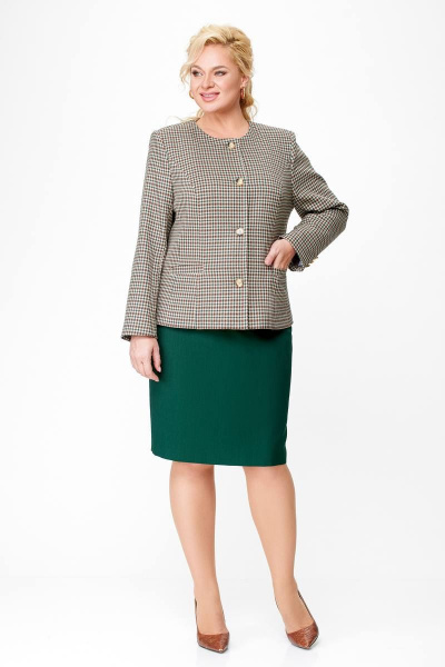 Деловой комплект жакет и юбка с рельефами и прорезными карманами Swallow 689 бежево-зелёная_клетка+зелёный - фото 1