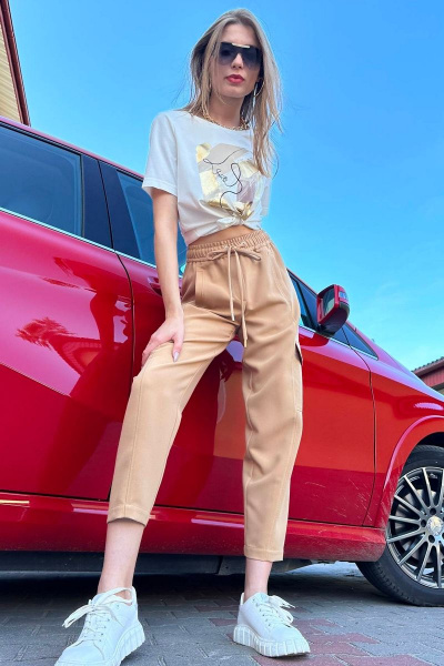 Бежевые зауженные брюки из костюмной ткани DAVYDOV 6264 светлый-беж - фото 7