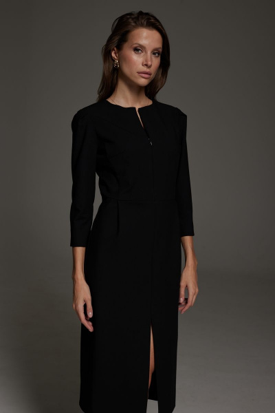 Элегантное платье из текстиля с отрезным поясом и высоким разрезом DAVA 1136 черный - фото 4