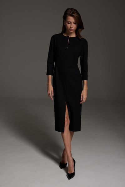 Элегантное платье из текстиля с отрезным поясом и высоким разрезом DAVA 1136 черный - фото 1