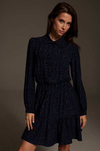 Платье из вискозы с принтом и объемными рукавами DAVA 193 черный-синий - фото 2