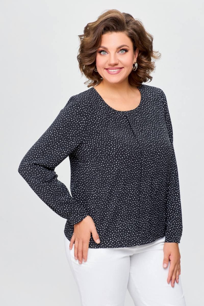 Демисезонная женская блуза из эластичного текстиля с бантовой складкой Swallow 688 черный/белые_горохи - фото 2