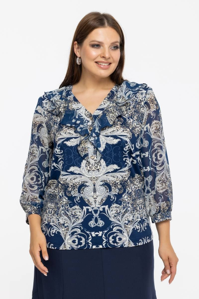 Модная легкая хлопковая блуза с рюшей и В-образным вырезом Avila 0943 синий - фото 4