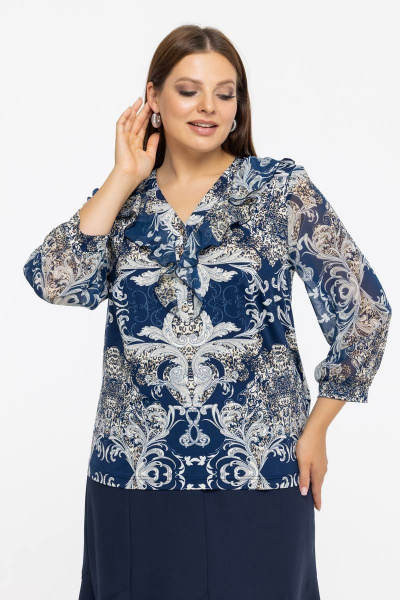 Модная легкая хлопковая блуза с рюшей и В-образным вырезом Avila 0943 синий - фото 2
