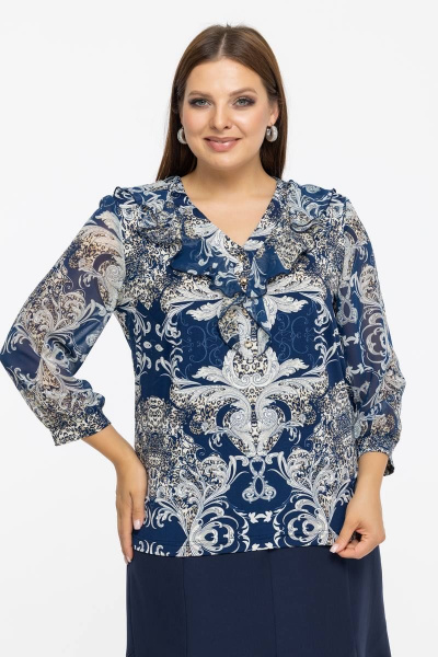 Модная легкая хлопковая блуза с рюшей и В-образным вырезом Avila 0943 синий - фото 1