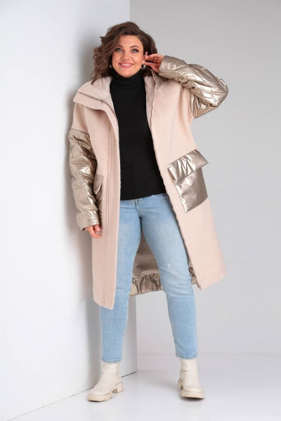 Пальто прямое из экомеха и плащёвой ткани на утеплителе BARBARA B204 бежевый+золото - фото 5