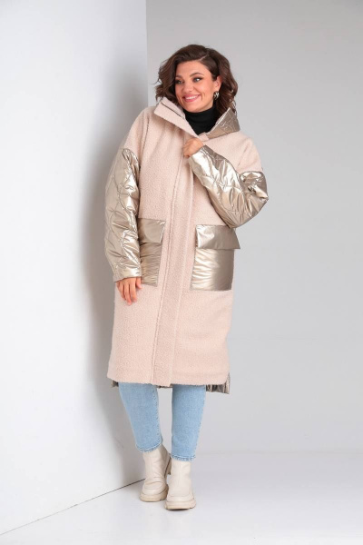 Пальто прямое из экомеха и плащёвой ткани на утеплителе BARBARA B204 бежевый+золото - фото 2