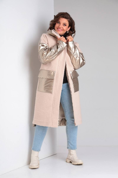 Пальто прямое из экомеха и плащёвой ткани на утеплителе BARBARA B204 бежевый+золото - фото 1