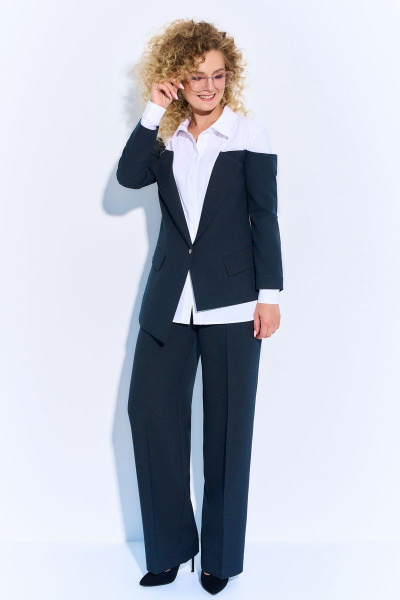 Двухпредметный деловой костюм из текстиля: жакет и брюки Euromoda 466 серо-синий однотон - фото 1
