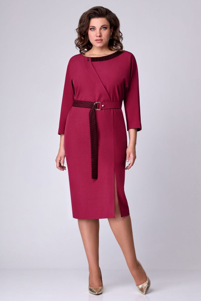 Платье полуприлегающее с имитацией запаха и мягким поясом Мишель стиль 1092-2 рубин - фото 7