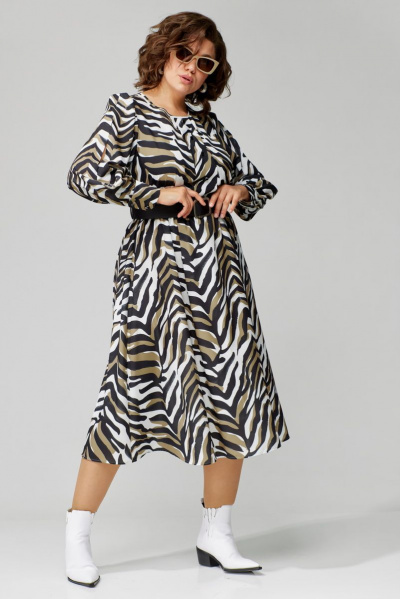 Платье приталенное в стиле песочные часы из нарядной ткани Орхидея 1311 зебра - фото 6