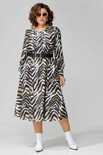 Платье приталенное в стиле песочные часы из нарядной ткани Орхидея 1311 зебра - фото 2