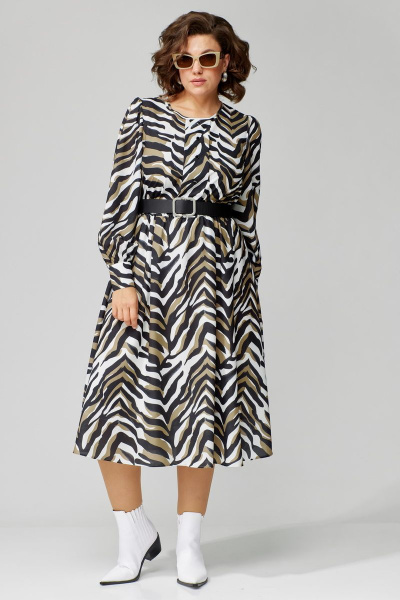 Платье приталенное в стиле песочные часы из нарядной ткани Орхидея 1311 зебра - фото 1