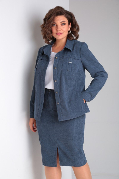 Стильный вельветовый костюм-двойка с жакетом и юбкой Tensi 361 джинсовый - фото 3