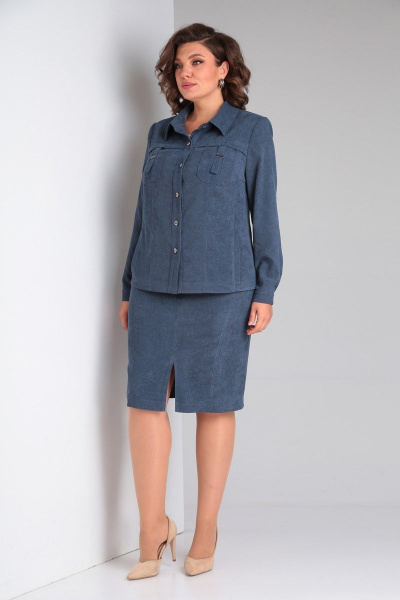 Стильный вельветовый костюм-двойка с жакетом и юбкой Tensi 361 джинсовый - фото 1