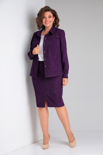 Классический вельветовый костюм-двойка с ремнем и карманами Tensi 361 ежевика - фото 1