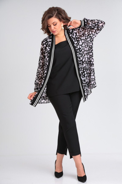 Демисезонный комплект из брюк, блузки и кардигана из шифона Диомант 1903 черный - фото 2